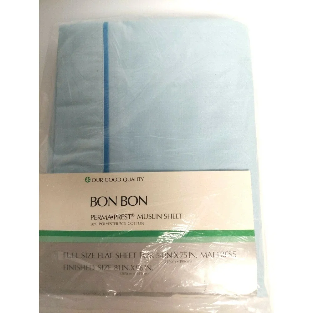 NWT Vintage Sears Bon Bon Perma‎ Prest  Muslin Full Flat Bed Sheet Light Blue
